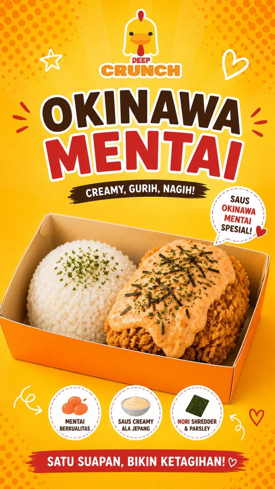 (BEST SELLER- Dengan Tobiko Asli & Rumput Laut) Chicken (Ayam) Boneless + Okinawa Mentai + Rice