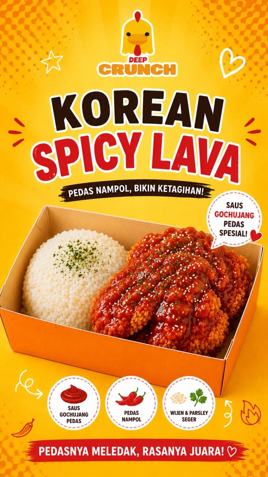 Chicken (Ayam) Boneless + Korean Spicy Lava + Rice