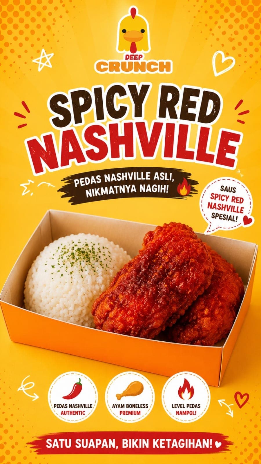 Chicken (Ayam) Boneless + Spicy Red Nasville + Rice