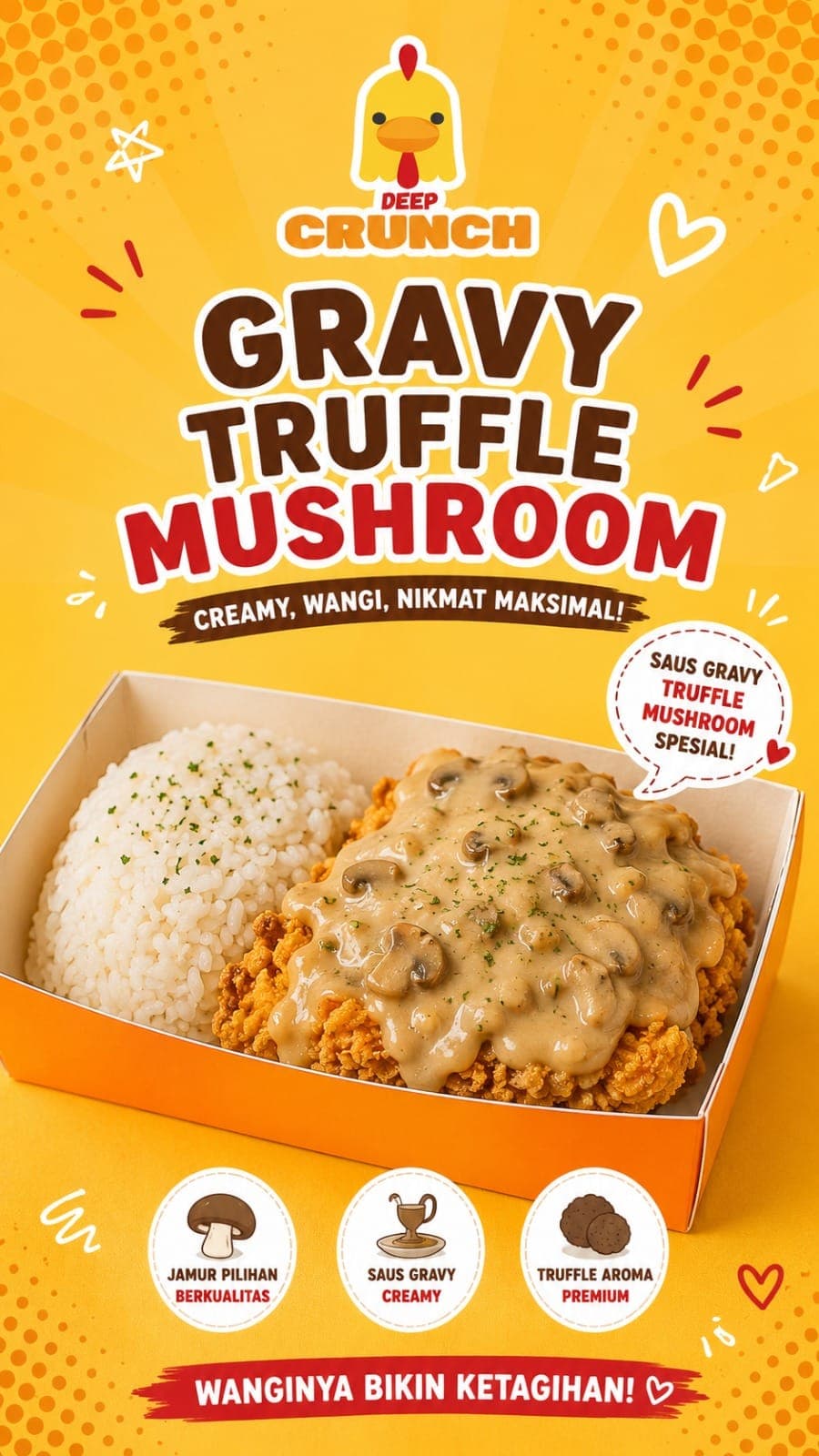 (Dengan Jamur Premium- New Formula) Chicken (Ayam) Boneless +Gravy Truffle Mushroom+ Rice